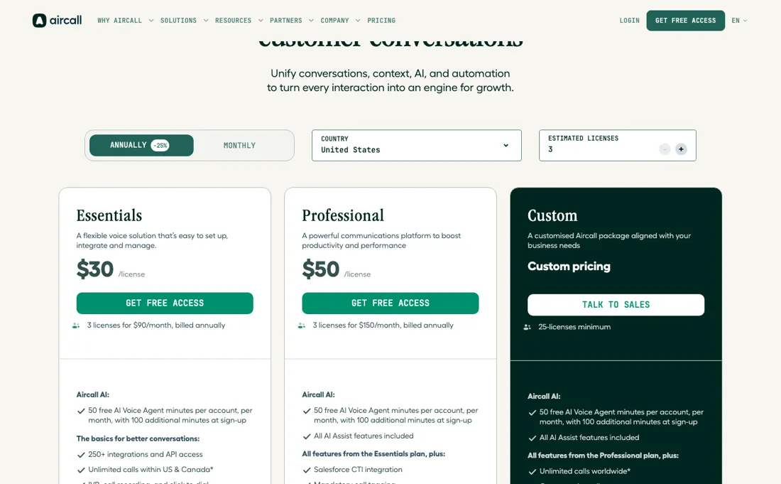Aircall pricing page