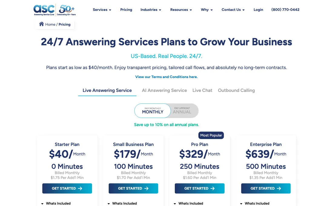 Answering Service Care pricing page