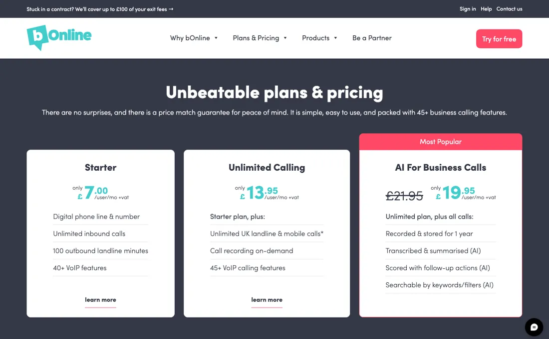 bOnline pricing page