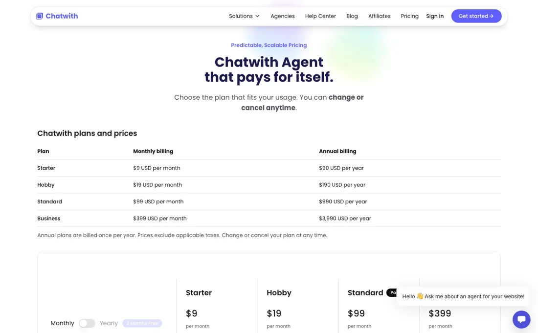 Chatwith pricing page