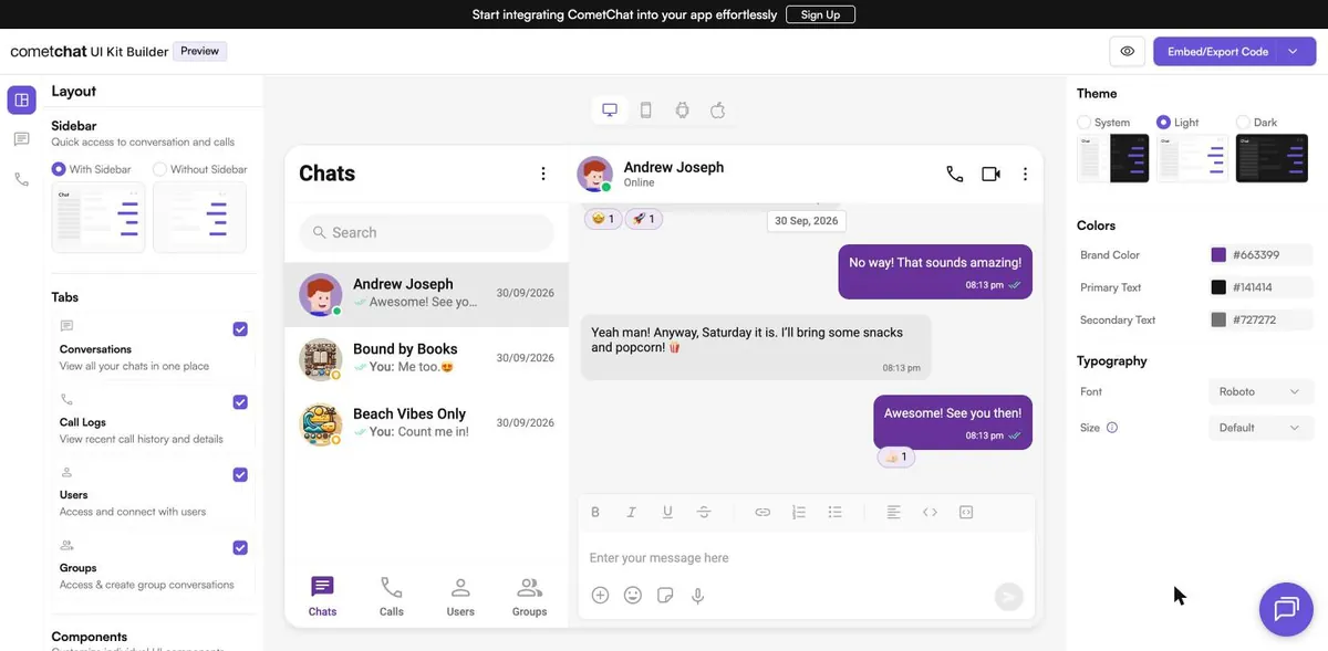 Screenshot from our CometChat test: The public UI Kit Builder without an account: brand colour #663399 applied to the chat bubbles in Light theme.