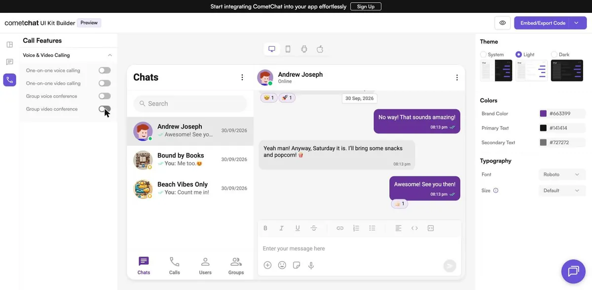 Screenshot from our CometChat test: All four call switches off: the call buttons leave the chat header, but the Calls tab stays (a separate layout setting).