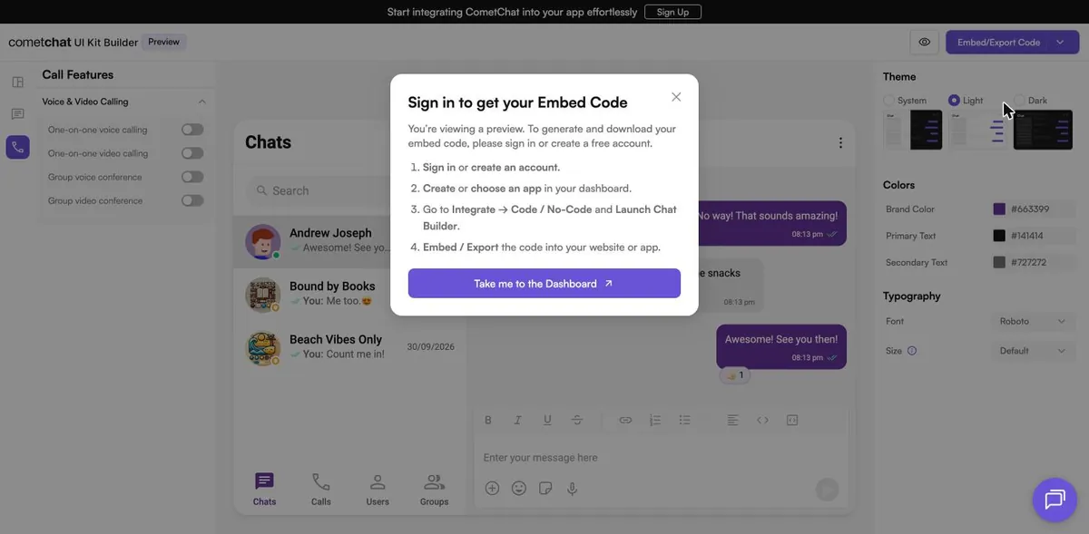 Screenshot from our CometChat test: Exporting code from the preview asks you to sign in, create an app and rebuild the configuration in the dashboard.