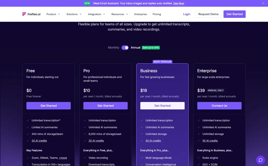 Fireflies.ai pricing page
