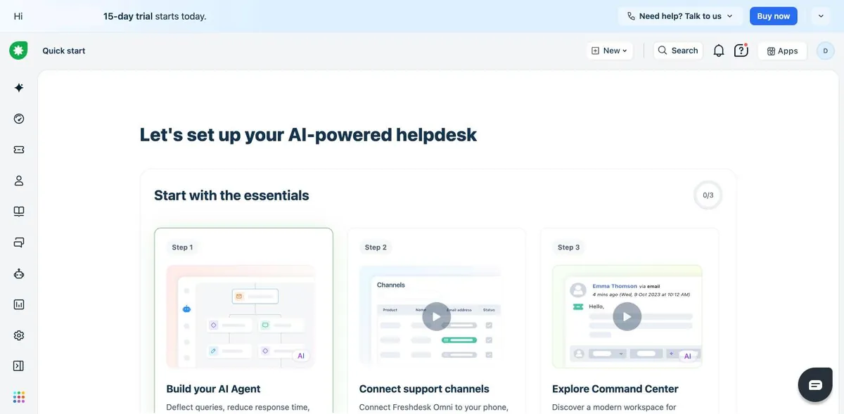 Screenshot from our Freshworks test: Inside the app the trial is 15 days; the sign-up page had promised 14.