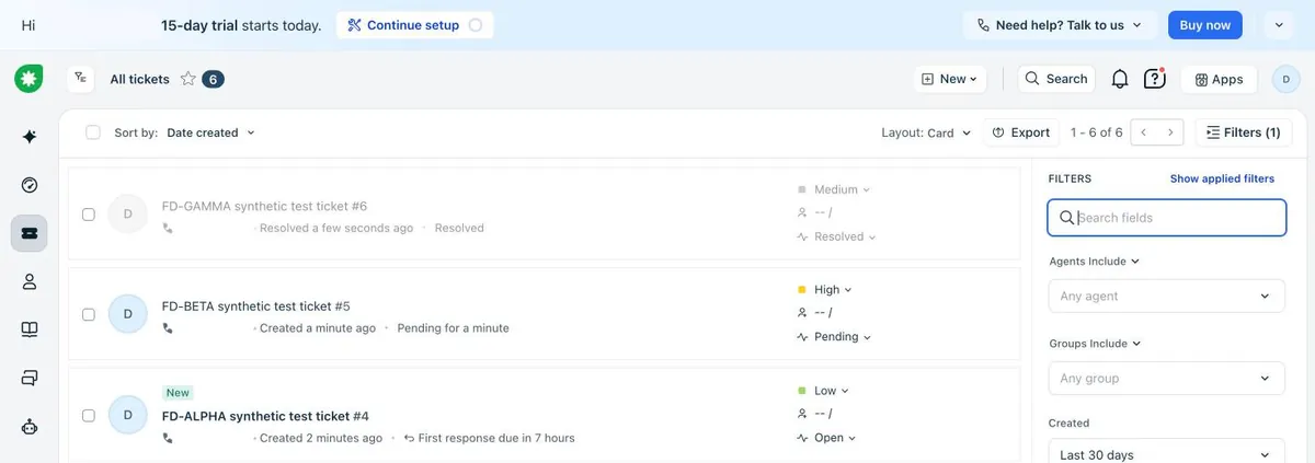 Screenshot from our Freshworks test: Our three test tickets with priority and status as entered; FD-ALPHA got 'First response due in 7 hours' straight away.