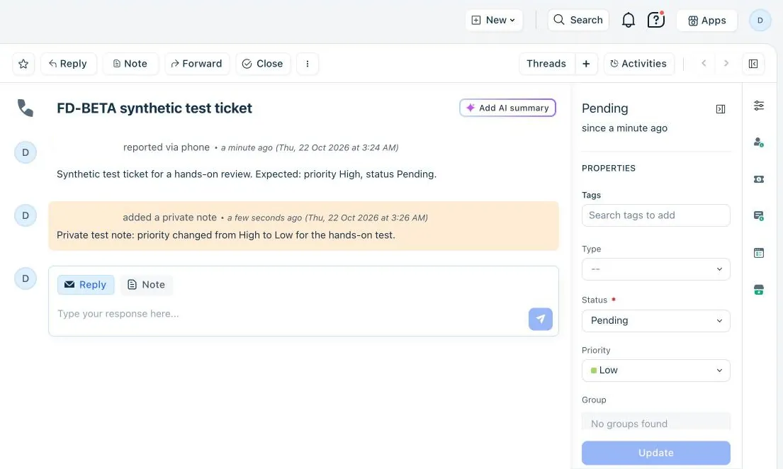 Screenshot from our Freshworks test: FD-BETA after the change: priority Low, status Pending, with our private note. The 3:24 AM time stamp is for a ticket made in the evening in Amsterdam.