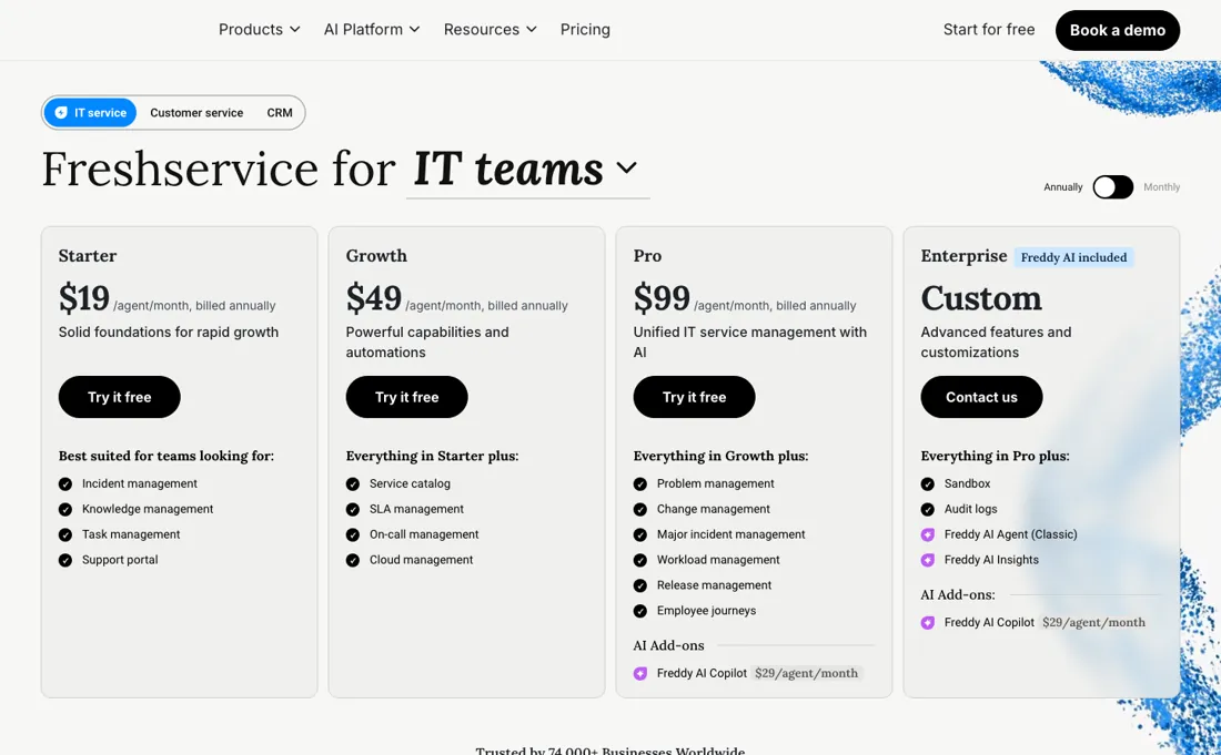 Freshworks pricing page