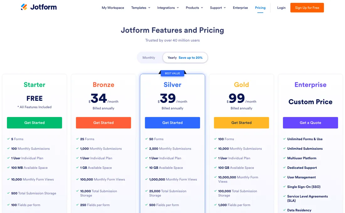 Jotform AI Agents pricing page