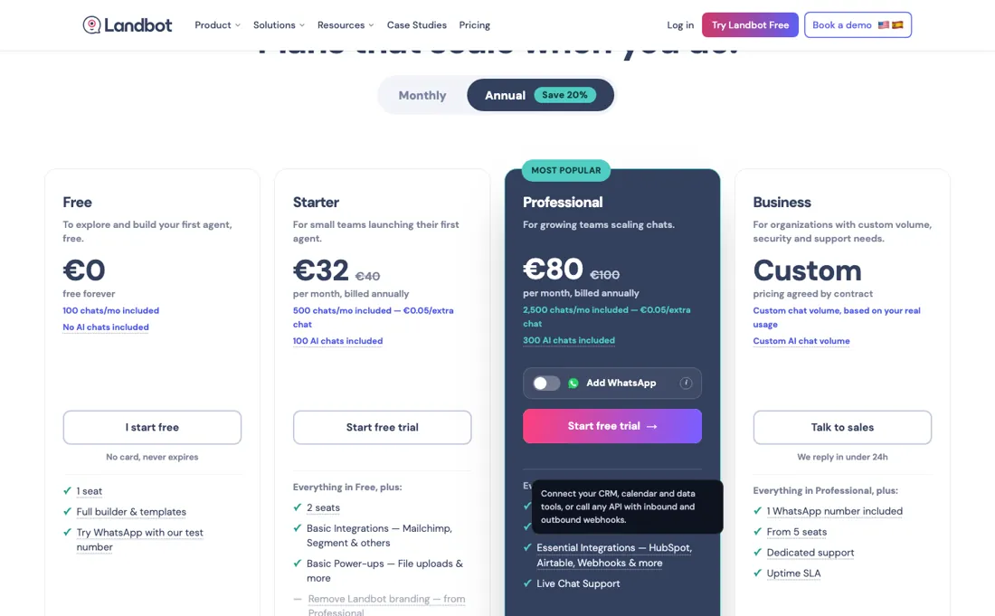 Landbot pricing page