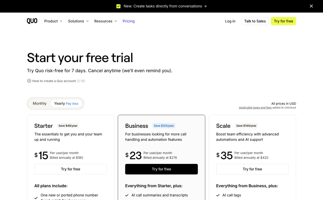 Quo pricing page