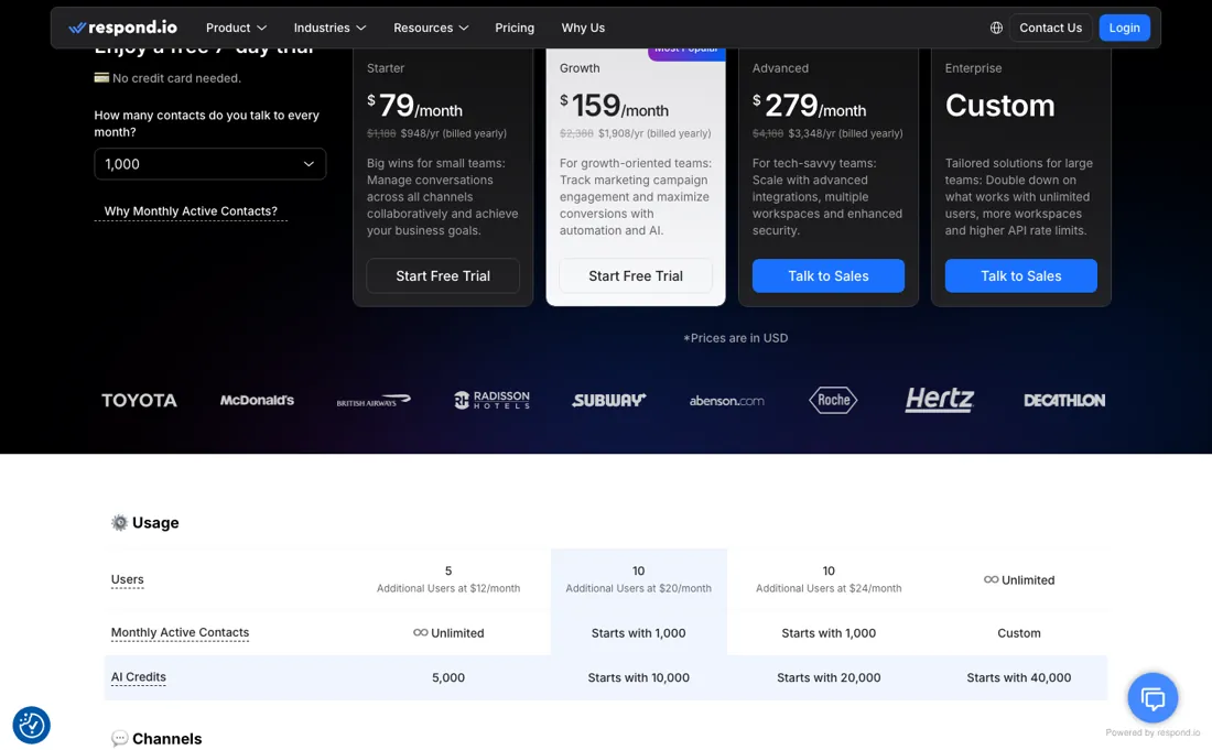 respond.io pricing page