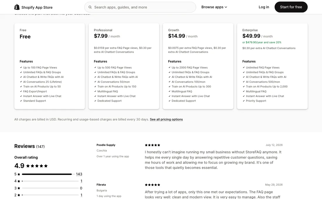StoreFAQ pricing page