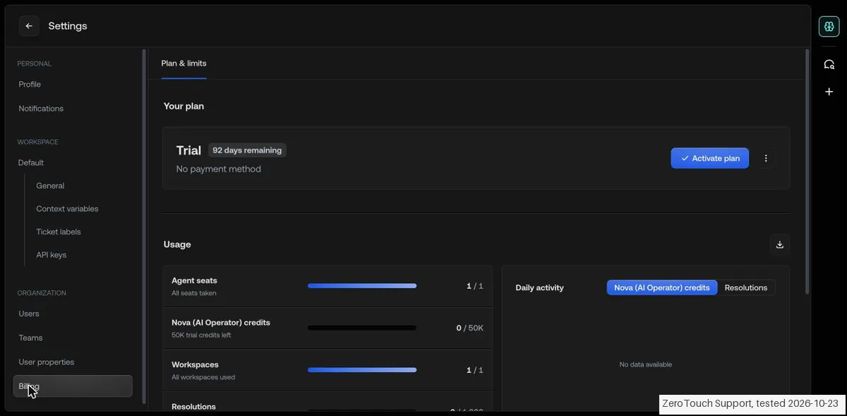 Screenshot from our Typewise test: The trial account showed 92 days remaining, with 1,000 resolutions and 50K Nova credits, and no payment method.
