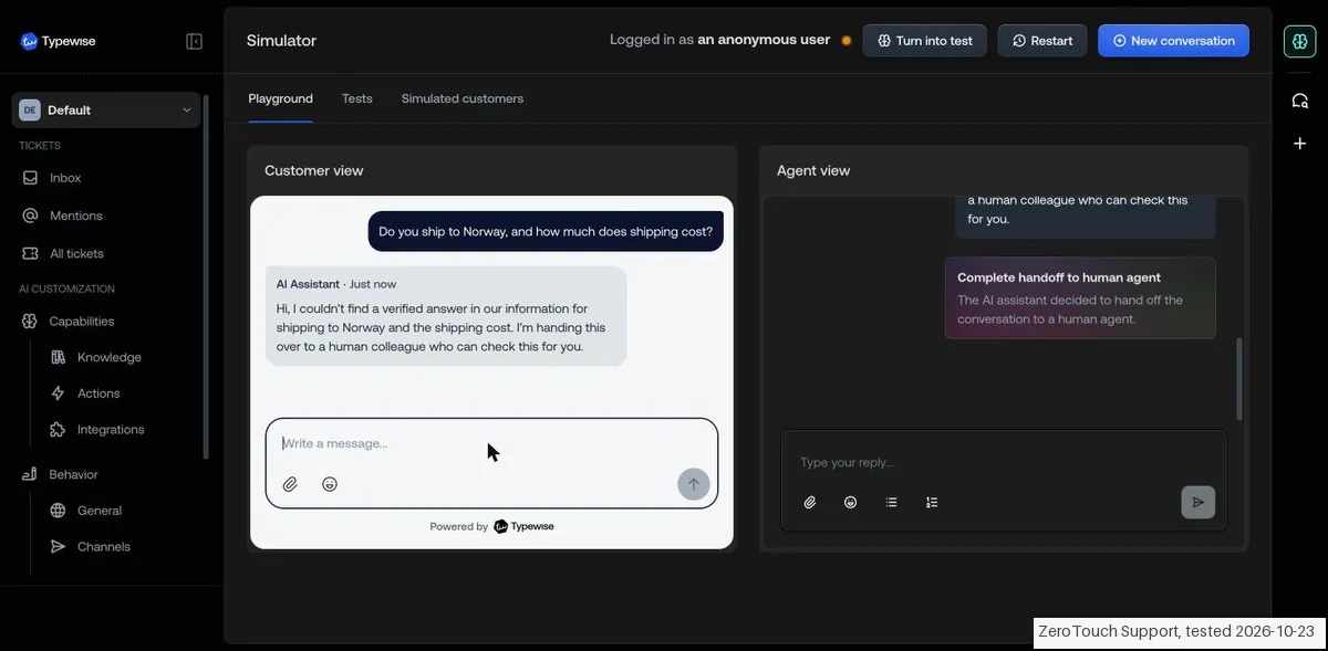 Screenshot from our Typewise test: Asked something outside its knowledge, the AI said it had no verified answer and handed over to a human.