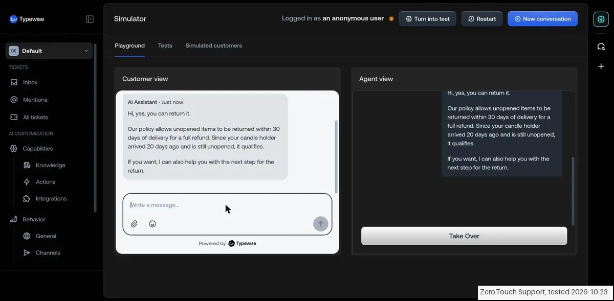 Screenshot from our Typewise test: After we changed the return window from 14 to 30 days, the same question got the new answer straight away.