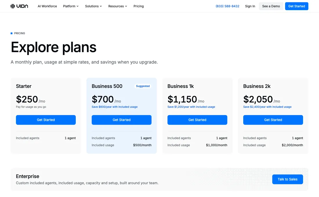 Vida AI pricing page